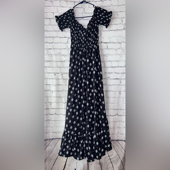 Blue‎ Rain High Low Maxi Dress with Front Slit Smocked Top Sleeves Off Shoulder - Picture 1 of 9